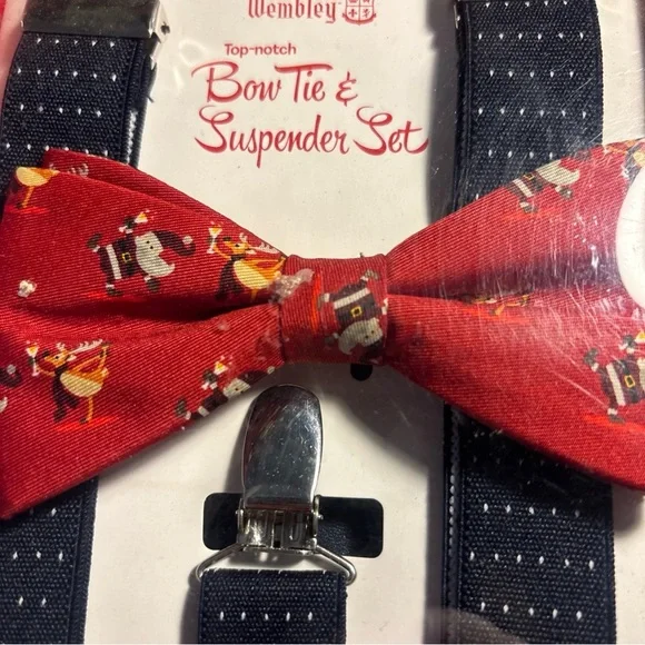 Wembley Festive Red Bow Tie and Navy Suspenders - Picture 2 of 5